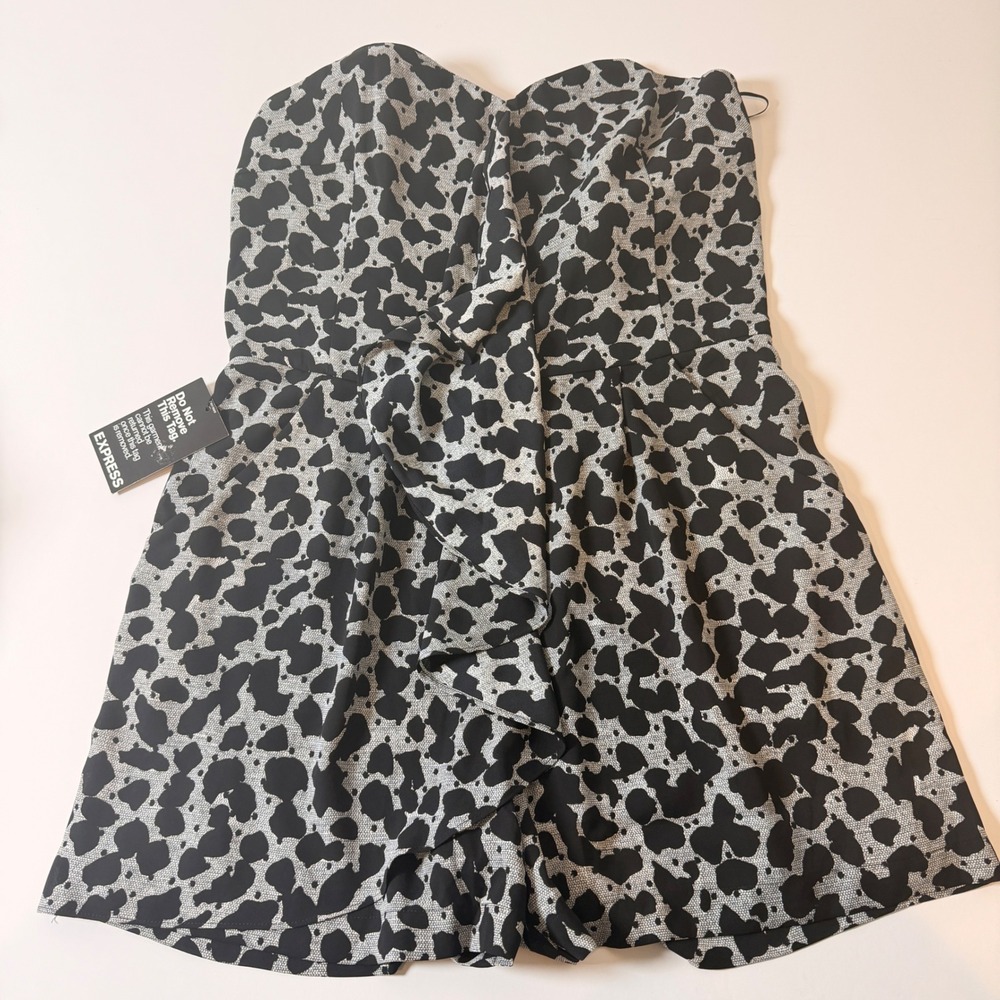Express Strapless Ruffle Front Animal Print Romper Black White Sweetheart Size 8